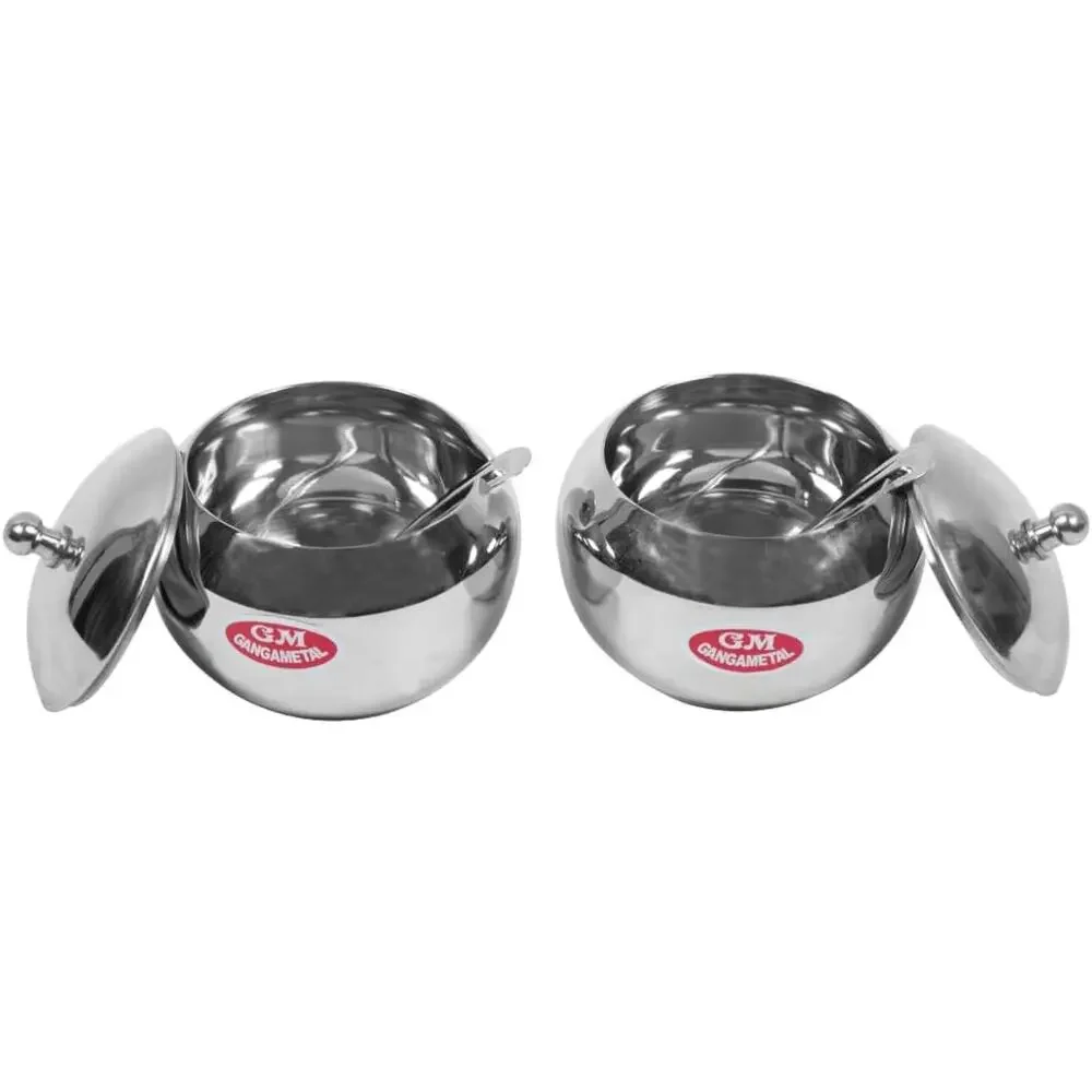 2 Pack Stainless Steel Ghee Pot with Lid & Spoon Oil Sugar Container Silver